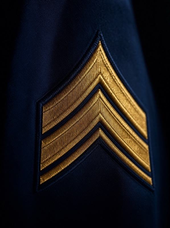 Gold sergeant chevrons stitched on dark navy uniform fabric.
