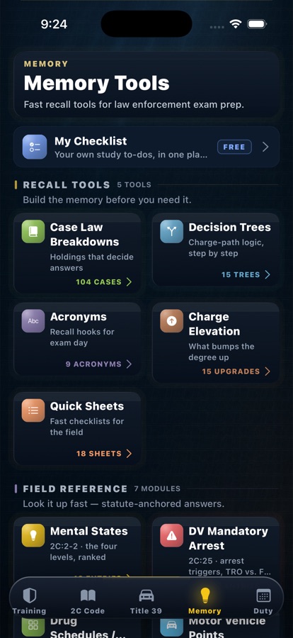 Memory Tools screen with recall tools and field reference